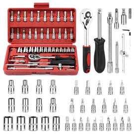 Wrenzo Socket Set, 46 PCS 1/4 Inch Drive Socket Wrench Set, Ratchet Wreches Set with Bit Socket Set Metric & Extension Bar for Auto Repairing and Household, with Storage case