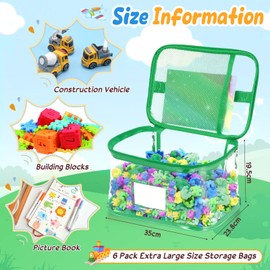6 Pack Extra Large Toy Storage Bags with Zipper 13.2 x 9.3 x 7.6" Clear PVC Waterproof Toy Organizing Bags with Name Tag Manual Pocket for Building Blocks Puzzle Books(Blue, Green, Orange)