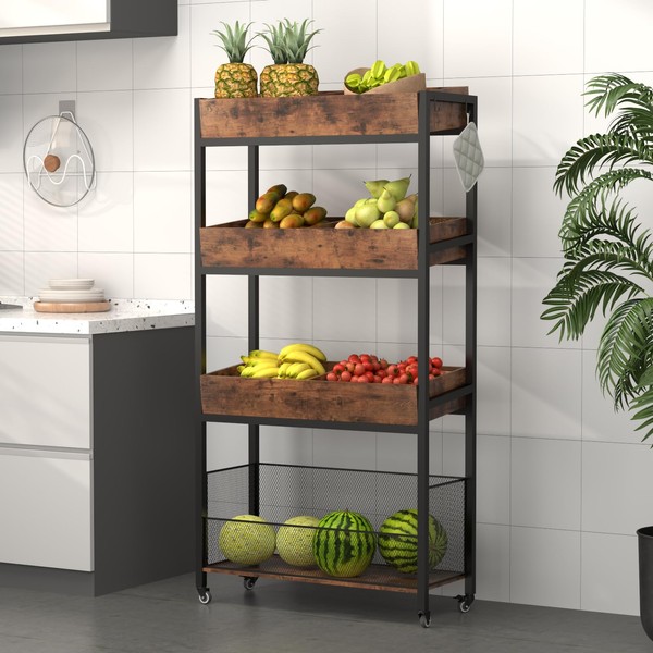 GOFEI 4-Tier Wooden Fruit and Vegetable Basket Stand Rack with