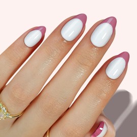 White Press-on Nails Almond | GJZEZ Short Soft Gel Nail Press-On Mauve French Tips Glue on Fake Nails with White Base, Salon Quality Stick on False Nail | 16 Sizes - 32 Reusable Nail Kit, Frost Rose