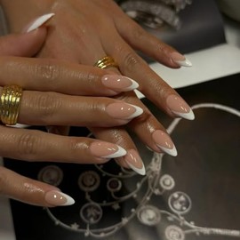 KQueenest 30 Pcs Blanco French Tip Press On Uñas Cortas Almendras Acrílico, Rosa Nude Natural Mediano Falso Uñas Prensas Ons, Pegamento Clásico En Uña