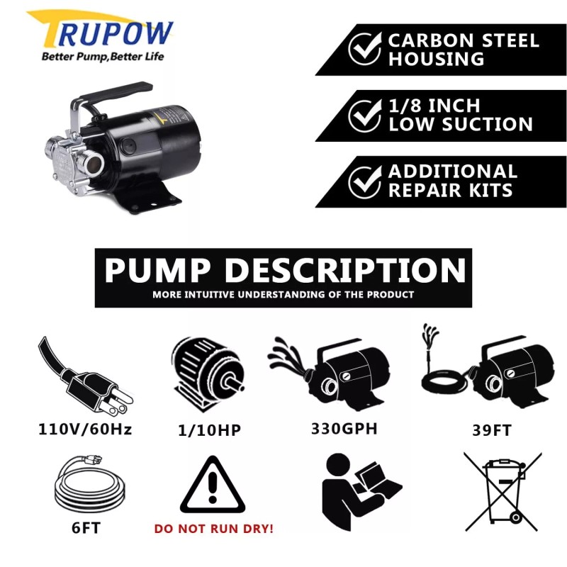 TRUPOW Water Transfer Pump, 115V 330GPH Self-Priming Utility Pump, 1/10
