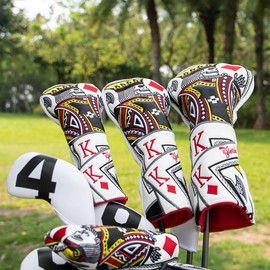 Golf Club Headcovers Poker Diamond King Stylish Embroidered Overflow Wood Cover Driver Fairway Wood Utility Hybrid Headcover with Number Tag Putter Cover Magnetic Closure Blade Putter Cover