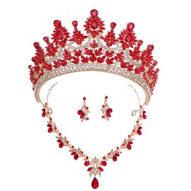 kanivele Crowns and Tiaras Jewelry Set for Women.Wedding Crown and Necklace Earrings Princess Queen Birthday Party Pageant Bridal Jewelry Sets Gifts Costume Accessories (Gold Red)