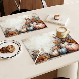 Fall Pumpkin Placemats Set of 4, 12x18 Inch Autmun Maple Leaves Table Place Mat Seasonal Vintage Washable Non-Slip Heat Resistant Fabric Placement Mats for Party Dining Kitchen Indoor Outdoor Decor