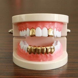 Careland Gold Grillz Hip Hop Gold Plated 2pcs Single Top and 6pcs Bottom Teeth Grillz for Men + 2 Extra Molding Bars