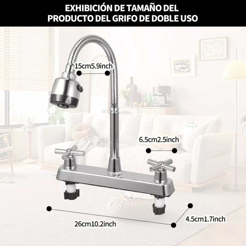 Kirotla Grifo Mezclador Doble Comando Flexible Para Cocina Fregadero