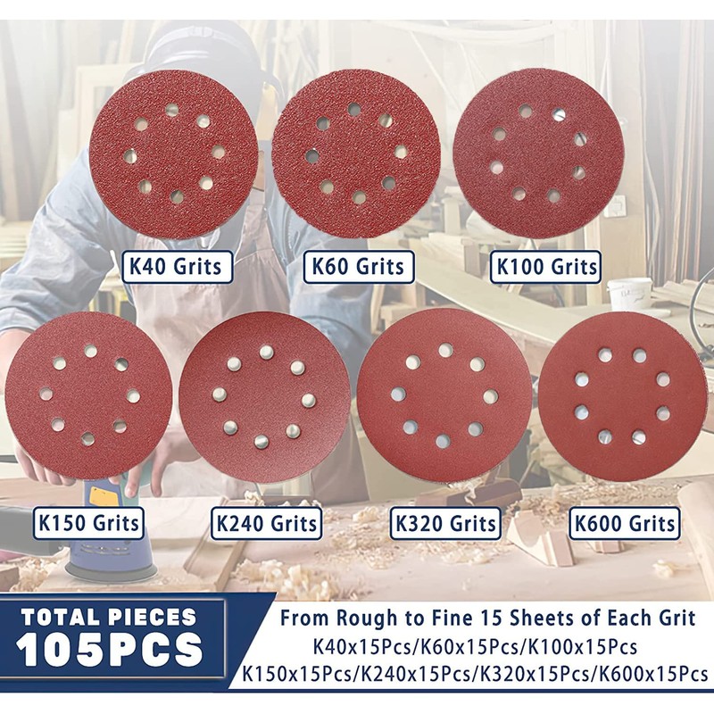 STEBRUAM 105PCS 125mm Sanding Discs, 5 Inch 8 Hole Hook