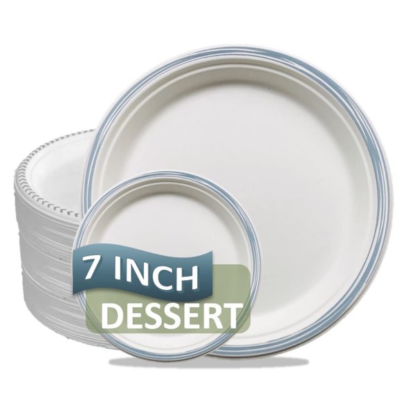 The Fancy Dime Disposable Paper Plate: Heavy Duty Elegant Eco-Friendly Compostable Paper Plates (50 Count), Tree Free Sugarcane Plate with Color Party Plate (7 inch Blue Dessert/Appetizer Plate)