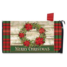 Briarwood Lane Poinsettia Wreath Christmas Mailbox Cover Plaid Holiday Standard