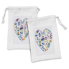 Lunarable Heart Fabric Pouch Set of 2, Heart Shaped Collage of Toys for Boy Train and Alphabet Fun, Small Drawstring Bag for Toiletries Masks and Favors, 9" x 6", Blue Grey