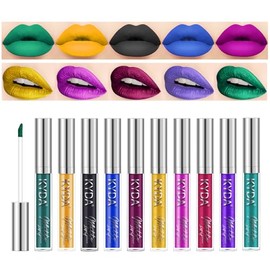 KYDA Set De 10 Labiales: 5 Mate Aterciopelados Y 5 Metálicos Brillantes. Brillo Labial De Larga Duración En Envase No Transferible. Kit De Regalo De C