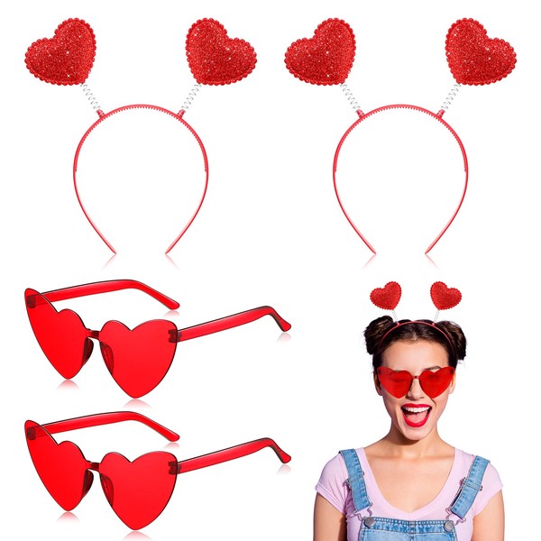 Chuangdi 4 Pcs Cupid Heart Headband Red Heart Rimless Sunglasses for Women Novelty Sequin Headband Boppers Romantic Anniversary For Birthday Costume Party