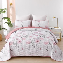 Dinjoy King Size Quilt Set Floral,3 Piece Pink/Blush Farmhouse Bedding Set Lightweight Flower Bedspreads White Coverlet Bed Sets Cute Fall Quilts for All Season(110"x90")