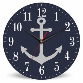 Mxocom Anchor Wall Clock Boat Anchor Marine Navigation Blue 10 Inch Silent Non Ticking Battery Operated Clock Vintage Round Clock for Living Room Bedroom Bathroom Office Decor