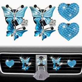 Blue Heart & Butterfly Air Vent Clips, 4 Pcs Bling Heart Car Air Fresheners Vents Clips Car Diffuser Diamond Car Interior Decor Charm Cute Car Accessories Car Decoration for Women + Cute Mask Hook