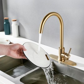 Kohonby Single Handle High Arc Brushed Gold Kitchen Faucet Stainless Steel Commercial Single Hole Kitchen Sink Faucet, Modern One Hole Bar Sink Faucet with Deck Plate