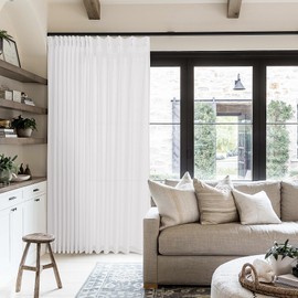 White Linen 100 Inch Wide Curtains 90 Inches Long for Living Room Divider Light Filtering Semi Sheer Modern Farmhouse Pleated Curtain with Hooks Rings for Patio Sliding Door Dining Room Large Window