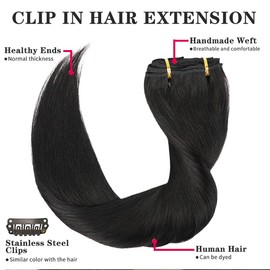 Unipearl Straight Clip-In Real Hair Extensions, 40 cm / 16 Inches, 8 Pieces, 100 g, Natural Black Hair Extensions for Women, Straight Remy Hair Extensions, Clip-In