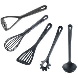 Westmark Kitchen Utensil Set 5 Pieces: Whisk, Soup Ladle, Potato Masher, Spatula, Spaghetti Spoon, Plastic, Gentle, Black, 280022E6