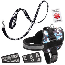 Dogline ESA Vest Harness Bundle Emotional Support Animal Reflective Leash & ESA, Emotional Support Patches Set, ADA IDs for Travel Support Therapy Dogs Girth 22 to 30 in Blue Camo