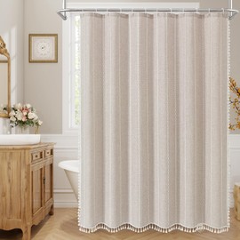MitoVilla Boho Farmhouse Fabric Shower Curtain, Tan Brown Modern Polyester Linen Shower Curtains for Vintage Rustic Bathroom Decor, Country Tassel Thick Cloth Shower Curtain, Taupe, 72 x 72