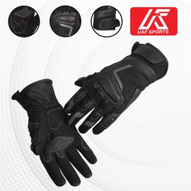 UAF Sports - Black Leather, Best Summer Motorcycle Motorbike Gloves, Leather Protection, Easy Wrist Fastening Breathable & Beautiful Gloves, (Medium)