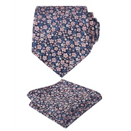 Alizeal Mens 3.15inches Exquisite Floral Tie with Small Flower Printed Pocket Square, Navy+Blush