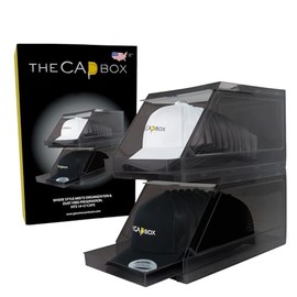 The CapBox 2.0 (2 Pack Clear) Hat Organizer for Baseball Caps, Stackable Sliding Tray Hat Rack & Hat Holder Hat Hanger Cap Storage Container 2 Yr. Warranty Anti Tilting & Tray Stop (Black Transparent)