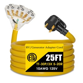 30 Amp to 20 Amp 110V RV Distribution Adapter Cord, NEMA TT-30P Male to 3X 5-15R/5-20R T-Blade Household Outlet Female with LED Power Indicator, ETL Listed (25FT)