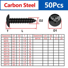 Qrity Pack of 50 Phillips Screws M3 x 18 mm, Black Carbon Steel Self-Tapping Screw, Screws with Umbrella Head, Can be Used for Professionals, Amateurs, Landlords, Repair DIY
