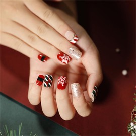 Christmas Press On Nails, Red White Green Snowflake Pattern, Short Fake Nails