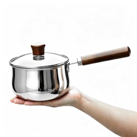 GREATLINK Small Sauce Pan with Lid and Wooden Handle for Cooking - 1 Quart Stainless Steel Saucepan with Pour Spout for Heating Milk, Melting Chocolate, Warming Sauces - Small Pot for All Cooktop