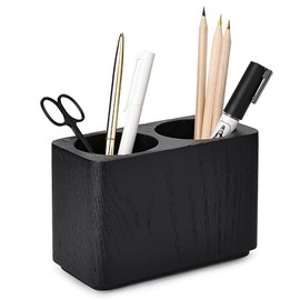 CAMLOT Oak Solid Wood Pen &Pencil Holder for Desk, Office Stationery Organizer, Table Pencil Cup Stand,Desk Accessories Holder, Two Cups Practical Design. (Char Black)