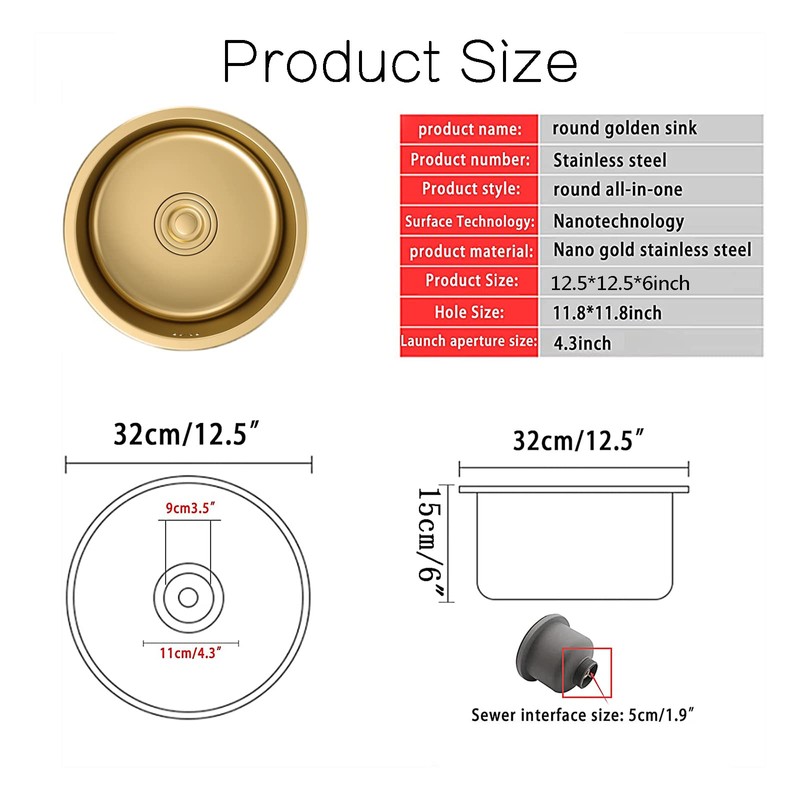 12In Round Gold Kitchen sink 304 Stainless Steel Countertop in