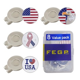 Lot of 8 Pack Magnetic Golf Ball Marker with Hat Clip, Assorted Patterns US Patriotism Tool Accessories Golf Marker Magnet Hat Clip Set, for Men Women Kids - Soft Enamel Technique.