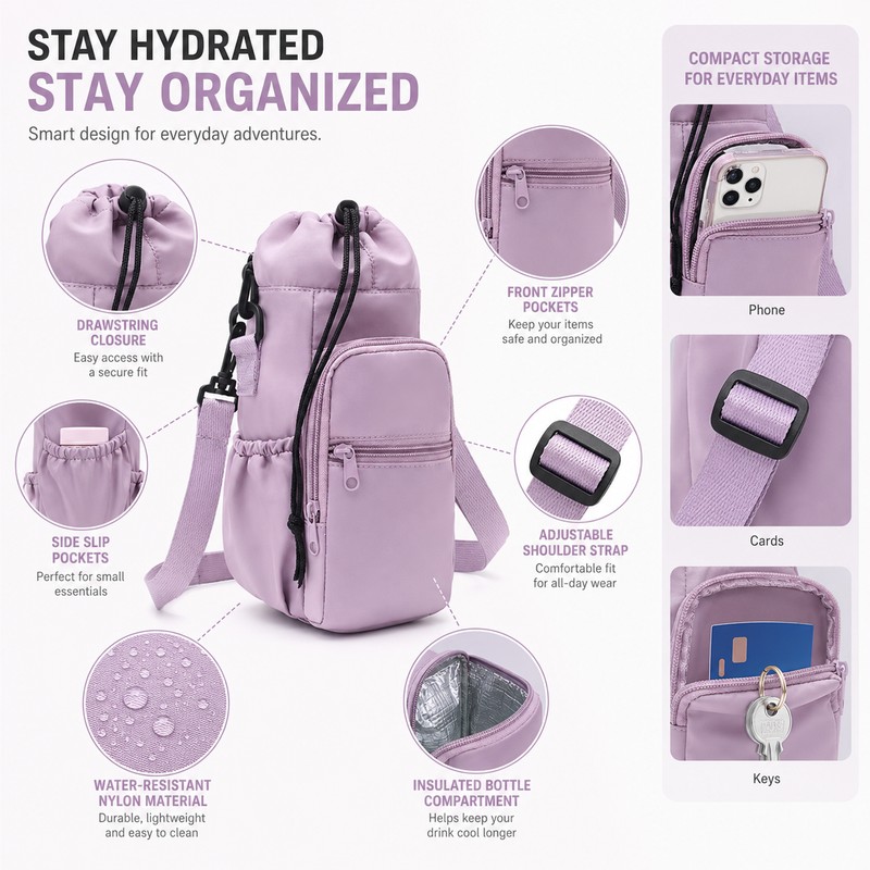 Water Bottle Carrier Bag for Travel – Insulated Nylon Crossbody