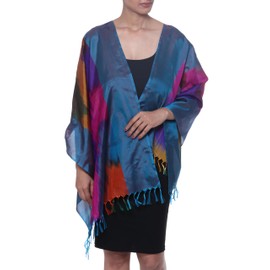 NOVICA Artisan Handwoven Ikat Silk Scarf Colorful from India Accessories Scarves Multicolor Wrap Tie Dyejaquard ' Ikat Taste'