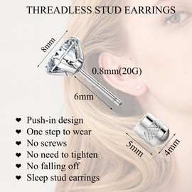 PATISORNA 4 Pairs Threadless Flat Back Stud Earrings Surgical Stainless Steel Stud Earrings Hypoallergenic Cartilage Earrings for Women Men Cubic Zirconia Stud Earrings Stud Earrings Set 8mm
