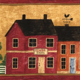 CONCORD WALLCOVERINGS ™ Wallpaper Border Country Pattern Village Farm Houses Trees Fence for Kitchen Dining Area Cottage Farmhouse, Tan Red Green, 15 ft by 6.2 in 5813930