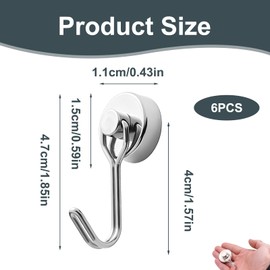 6 Pcs Magnetic Hooks, Swivel Swing Neodymium Magnet Hooks with 180°,15.43LBS/7KG Neodymium Strong Magnetic Hook for Kitchen, Garage, Office, Fridge, Wall, Key, Bag, Tool Holder, No Drilling (Silver)