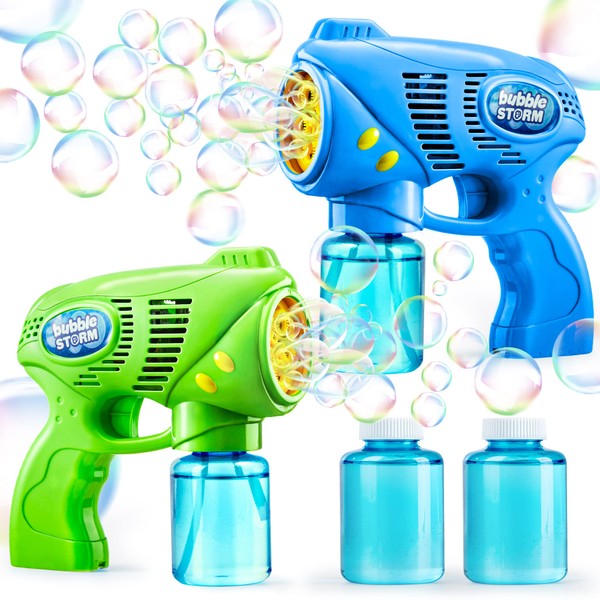 JOYIN 2 Bubble Guns with 2 Bottles Bubble Refill Solution (10 oz Total), Bubble Machine for Toddlers 1-3, Bubble Blaster Party Favors, Summer Toy, Outdoors Activity, Easter, Birthday Gift