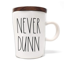 Rae Dunn by Magenta, Unique with Perfect Imperfections. NEVER DUNN Mug with Wood Coaster. Ceramic, Beige, Black LL