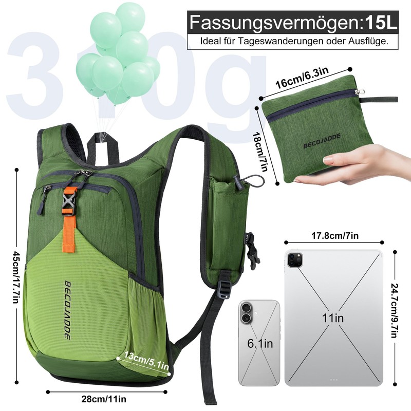 BECOJADDE 15L Hiking Backpack Men's Small Backpack Women's Lightweight Daypack