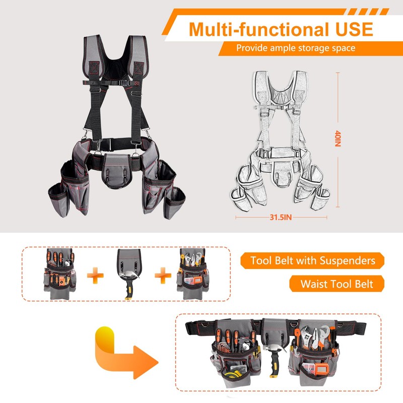 Tool Belt With Suspenders, 22 Pockets Tool Bags, Multi-Functional Adjustable