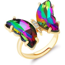 BONJOULRY Crystal Butterfly Ring Animal Butterflies Birthstone Pendant Crystal Wedding Birthday Gift Jewelry 3 Color Chois Adjustable Send Velvet Bag(Rainbow)