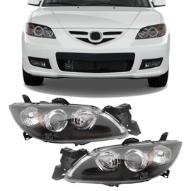 PIAOYUE- For 2004 2005 2006 2007 2008 2009 Mazda 3 Sedan Headlight Halogen Left Driver+Right Passenger Side 1 Pair Black Housing Clear Lens (Not for Factory HID or Hatchback Models)