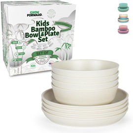 Grow Forward Bamboo Kids Plates and Bowls Sets - 8-Piece Dishwasher Safe Non Toxic Plates for Kids - Reusable Eco Friendly BPA Free Dishes Dinnerware Sets for Children - Arctic