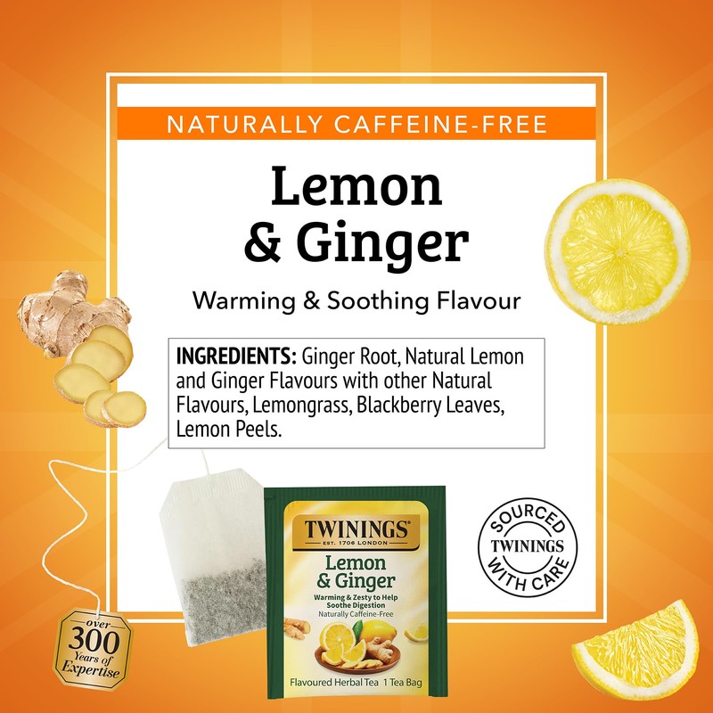 Twinings Lemon & Ginger Herbal Tea Individually Wrapped Bags, 50