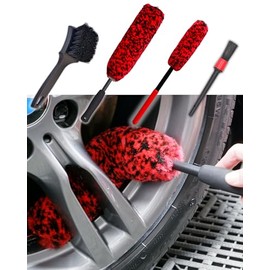 Professional 4 Pack Long Handle Wheel Brush Kit for Cleaning Wheel and Tire- 2X Soft Wheel Cleaning Brush, Detailing Brush and Stiff Tire Brush, Bendable& Durable Wheel Rim Cleaner Brush Set